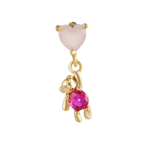 Cute pink heart and golden bear stud earring with vibrant magenta crystal gemstone