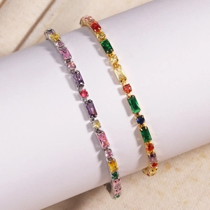 Elegant gold and silver tennis bracelets with colorful square-cut cubic zirconia stones