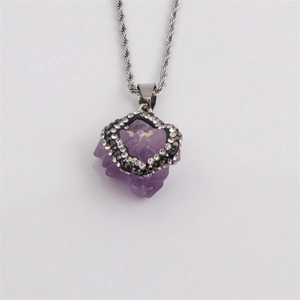 Amethyst irregular crystal pendant necklace with rhinestones on a silver chain
