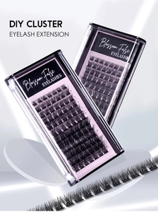 Macro shot of tiered DIY matte black cluster lashes set for volume extension