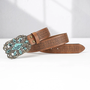 Men's brown leather belt with floral embossing and turquoise vintage metal buckle