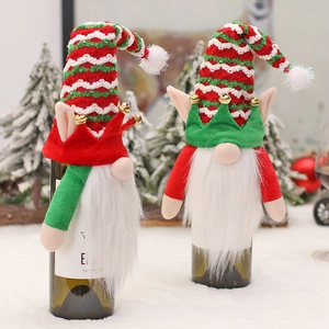 Christmas gnome wine bottle covers set with striped hats and white faux fur beards