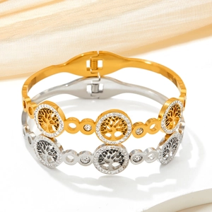 Tree Of Life Stainless Steel Bangle For Women Trendy Hollow Geometric Bracelet Rhinestone Inlaid Personalized Jewelry