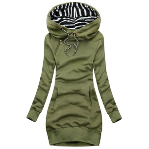 Slim fit military green longline hooded sweatshirt with drawstring and striped hood lining