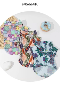 Pet summer shirts featuring colorful geometric, tropical leaf, and floral prints