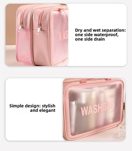 Detail of pink waterproof PU toiletry bag with dry-wet separation and WASHBAG print