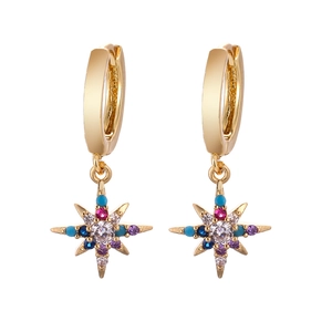 Detailed close-up of gold star dangle earrings featuring vibrant multicolor zircon stones