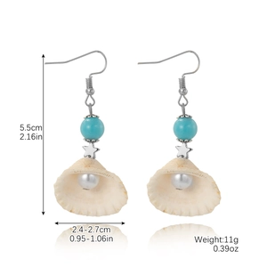 Shell earrings with blue beads and faux pearls for summer beach resort style fashion