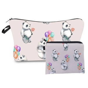 Set of two pink and purple panda print polyester cosmetic bags for travel organization