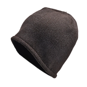 Detailed knit texture of a dark brown winter beanie with a classic rolled cuff design