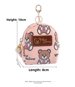 Pink bear mini backpack coin purse with golden keychain and pearl zipper detail