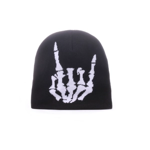 Bonnet en tricot noir avec broderie main de squelette au style punk urbain pour adultes