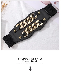Detail of wide black elastic waist belt with bold double rows of gold metal chains