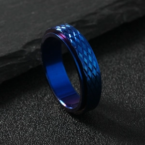 Punk 6mm blue spinner ring in stainless steel with textured mesh pattern