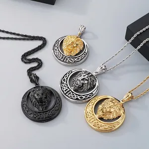 Löwenkopf Anhänger Halskette Edelstahl Keltisch Rund Hohl Strass Hip Hop Punk Gotik Schmuck Für Herren