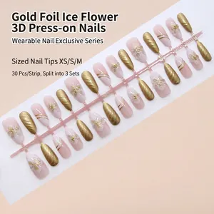Handmade Press On Nails Relief Flower Gold Foil Fine Glitter Elegant Reusable Removable Artificial False Nails Women