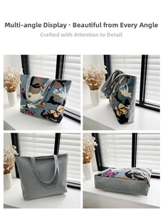 Detailed views of the printed canvas tote bag showing camo floral and solid gray sides