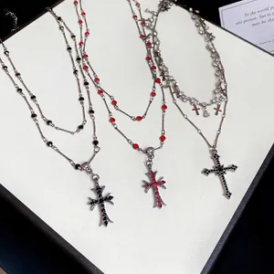 Vintage gothic cross pendant necklace with double-layer beads and sparkling rhinestones