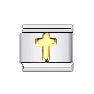 Detailed macro view of a silver Italian charm with a golden cross motif in steel