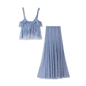Ensemble Deux Pièces Femme Haut Camisole En Dentelle À Volants Et Jupe Maxi À Taille Haute Bleu Clair Été
