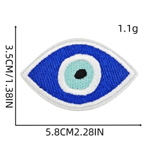 Detailed size specifications for evil eye embroidery patch measuring 5.8x3.5cm