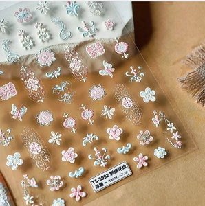 Macro detail of TS-3992 5D embossed floral nail stickers with blue embroidery texture