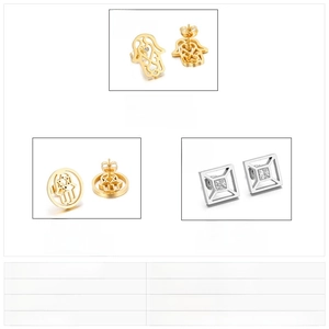 Detail view of gold stainless steel Fatima Hand earrings with rhinestone and zircon accents