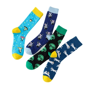 Four pairs of cotton mid-calf socks with alien, rabbit, mushroom, and dog patterns