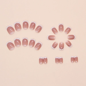 Short square French ombre press-on nails with nude pink gradient and fine glitter
