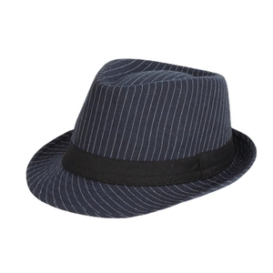 Classic dark blue striped fedora hat for men with black ribbon trim on white background