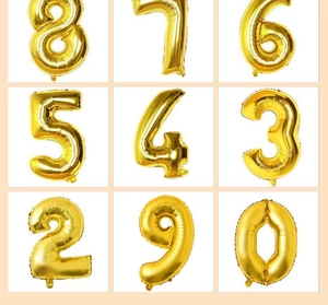 Detailed grid showing inflatable gold foil balloons shaped as numbers zero to nine