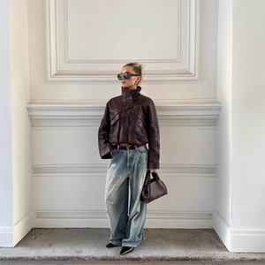 Veste En Simili Cuir Femme Vintage Moto Court Col Montant Fermeture Éclair Extérieur Style Français
