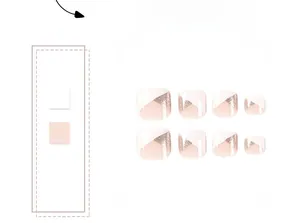 Detail view of pink and white French toenail patches with gold glitter stripe accent