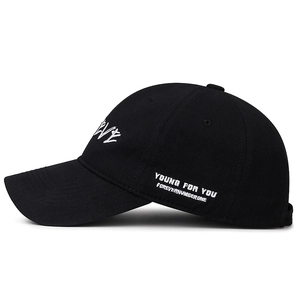 Retro black cotton baseball cap with white Believe embroidery and side text details