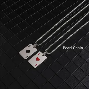 Titanium steel playing card Ace of Hearts and Spades pendants with silver pearl chain