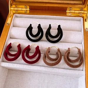 Double Layer Circular Hoop Earrings Flocking Velvet Gold Plated Metal Retro Minimalist Autumn Winter Fashion Women
