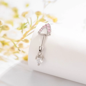 Polished titanium steel mushroom navel ring with pink crystals and heart pendant