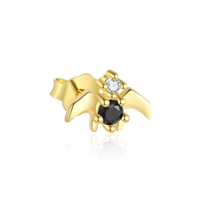 Close-up of gold-plated animal stud earring with black zircon and white gemstone detail