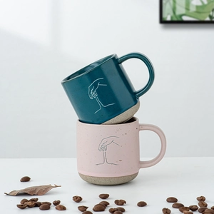 Morandi stoneware espresso cups with speckled matte finish and hand-painted lines