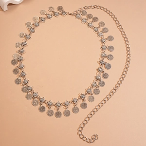 Vintage bohemian silver metal waist chain with coin pendants and floral charms