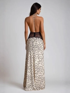 Robe longue à pois dos nu élégante avec taille en dentelle noire et licou