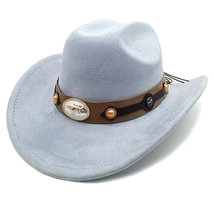 Detailed close-up of light blue felt cowboy hat with bull head silver buckles