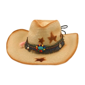 Western Cowboy Straw Hat With Star Print Ethnic Band Turquoise Tassels Sun Protection Outdoor Beach Sunshade Hat