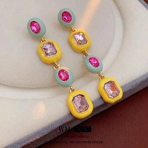 Vintage luxury colorful enamel crystal earrings with gold finish and tassel design