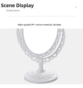 Detail of vintage ivory vanity mirror with embossed floral motifs and durable PP stand