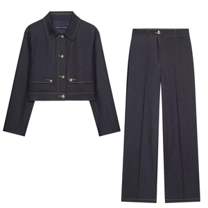 Women's dark blue two-piece set featuring a cropped jacket and high-waist straight pants