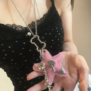 Y2K Pink Denim Star Pendant Necklace For Women Alloy Heart Cross Moon Charms Punk Sweet Cool Style Long Chain