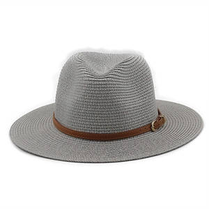 Detailed view of mid-grey straw fedora with brown leather band and gold buckle