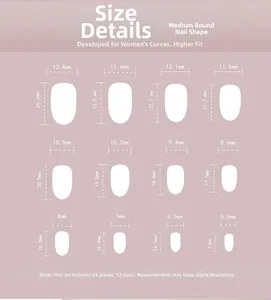 Size chart for pink press-on nails showing 12 different sizes and 24 pieces in total