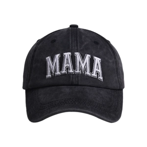 Detail of washed black cotton baseball cap featuring high-quality MAMA embroidery on front